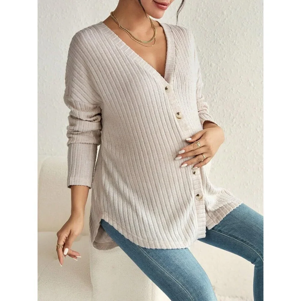 Women's Maternity Long Sleeve Ribbed Knit Button Down V Neck Fall Top Small